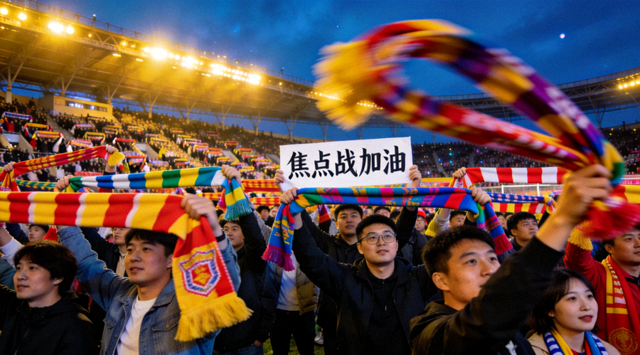 足球场看台上球迷挥舞围巾等待焦点战开赛